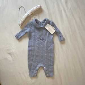 Ralph Lauren Baby Boy Pearl Blue Cashmere Cable Knit Coverall Romper 9M NWT
